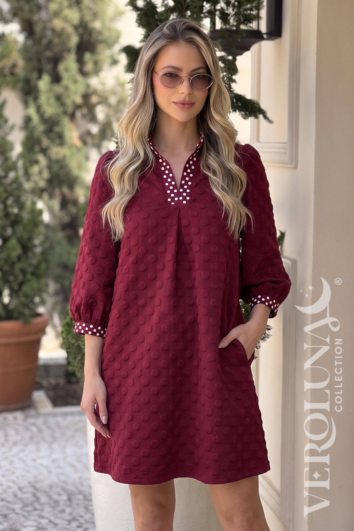 BURGUNDY TEXTURED POLKA DRESS