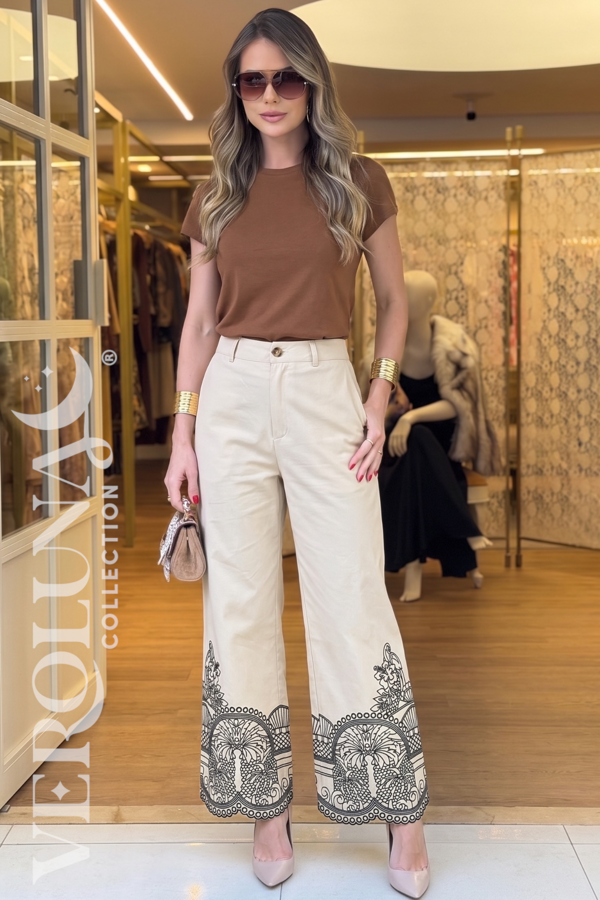 CREAM EMBROIDERED WIDE LEG PANTS