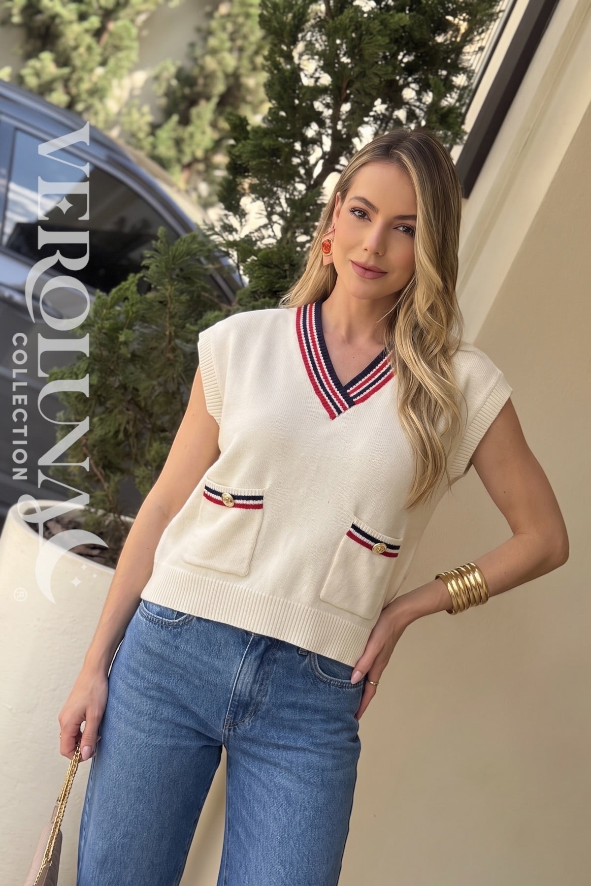 DESIGN NAVY/RED KNIT TOP
