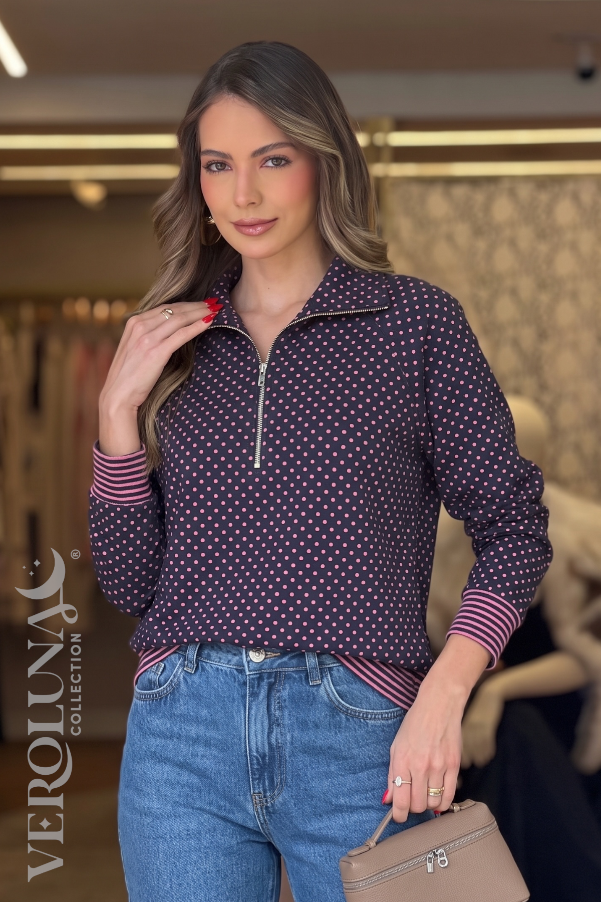 NAVY PINK POLKA DOT HALF ZIP TOP