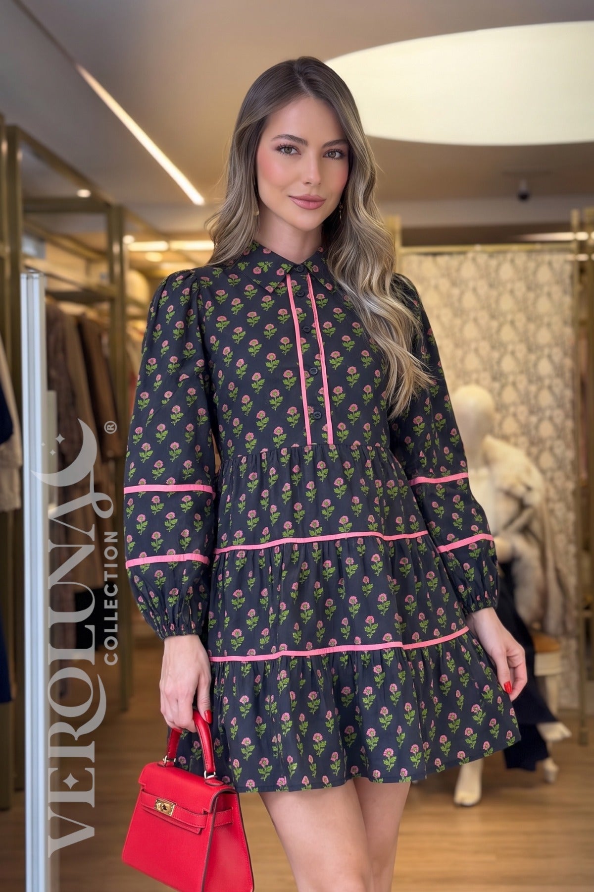 NAVY FLORAL TIERED DRESS
