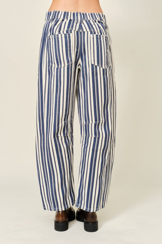 STRIPED COTTON BARREL JEANS