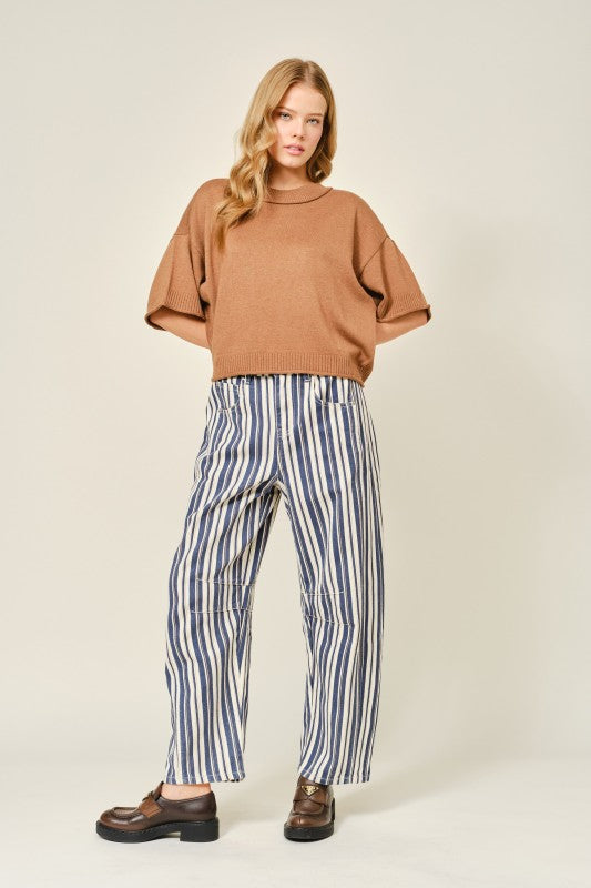 STRIPED COTTON BARREL JEANS