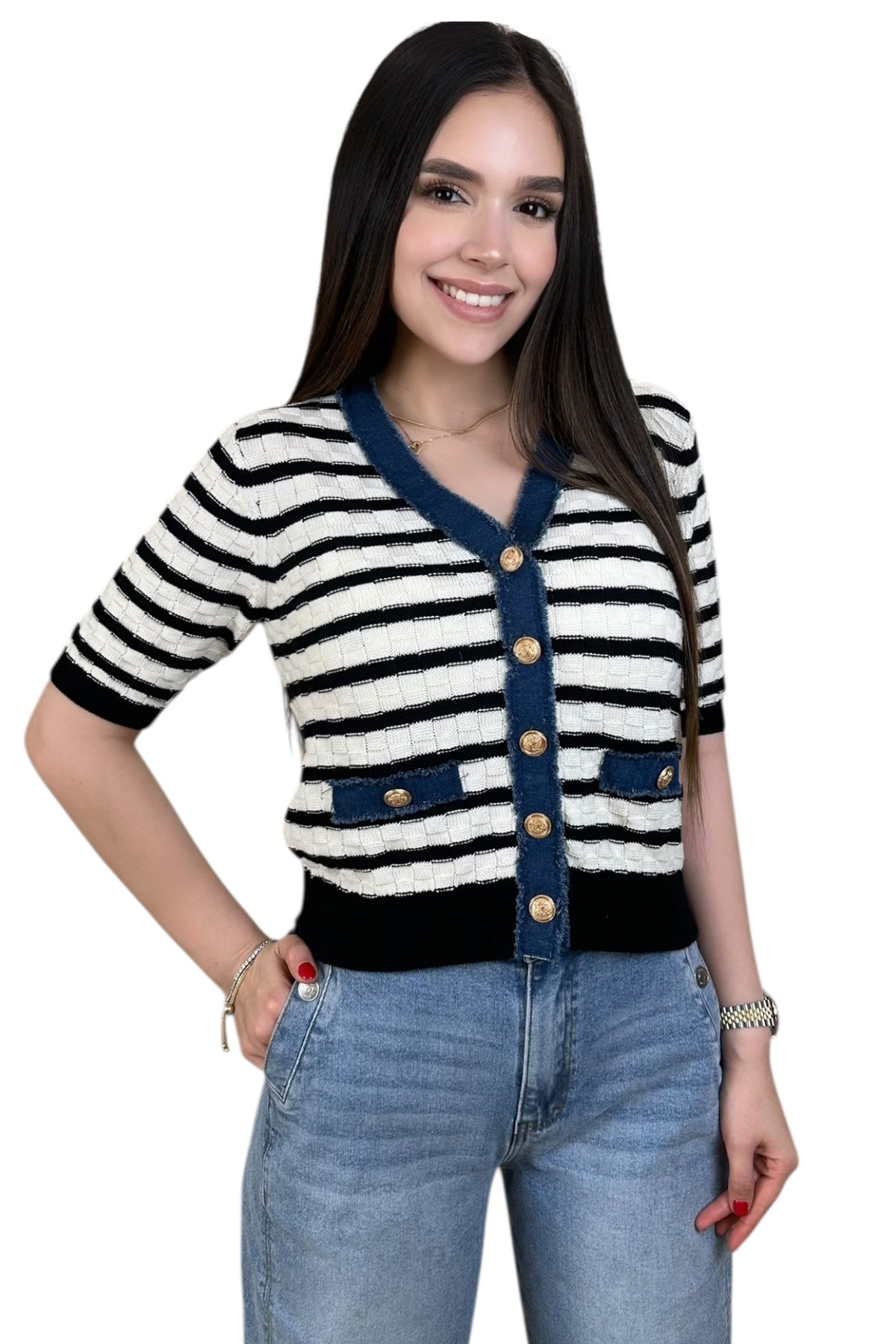 FANCY DENIM SWEATER TOP