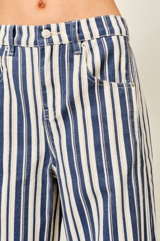 STRIPED COTTON BARREL JEANS