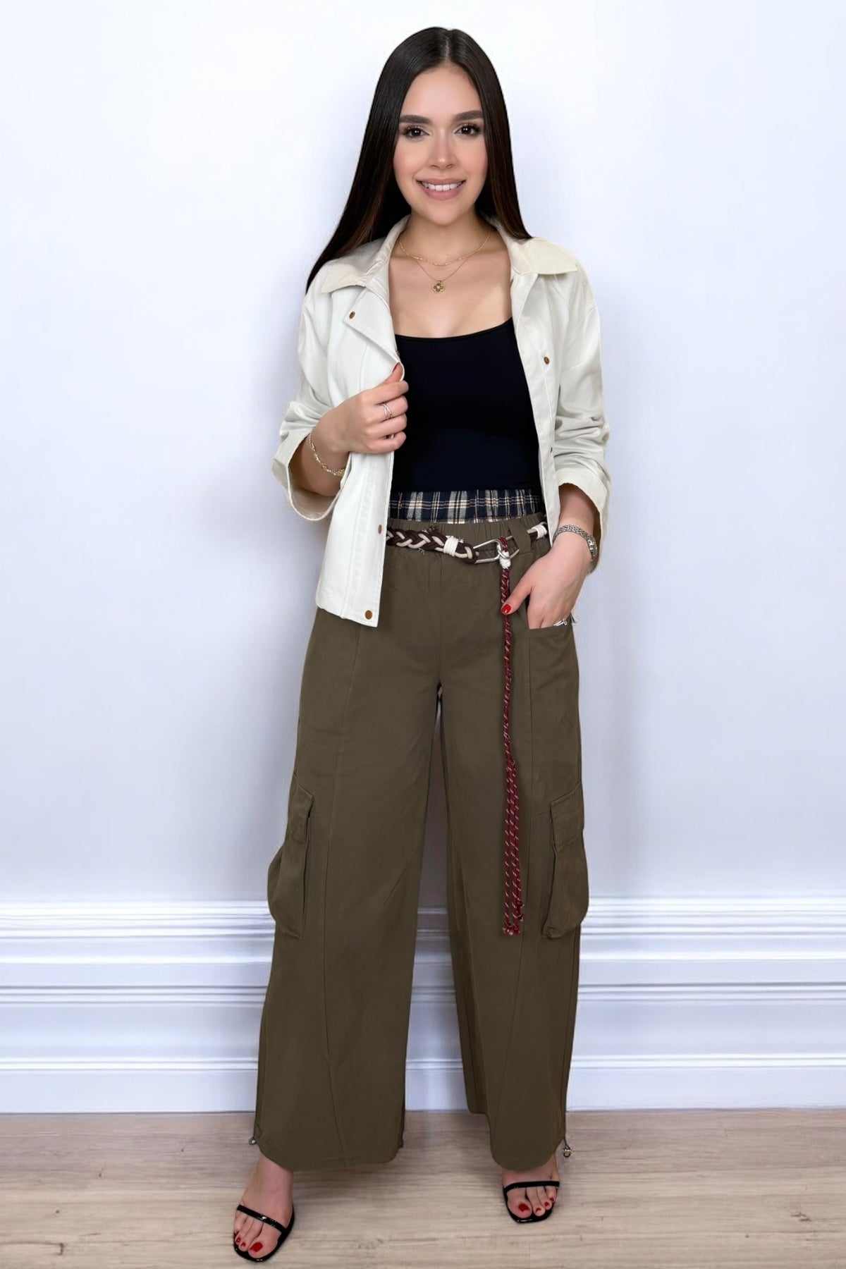 DOUBLE WAIST CHECK CARGO PANTS - OLIVE