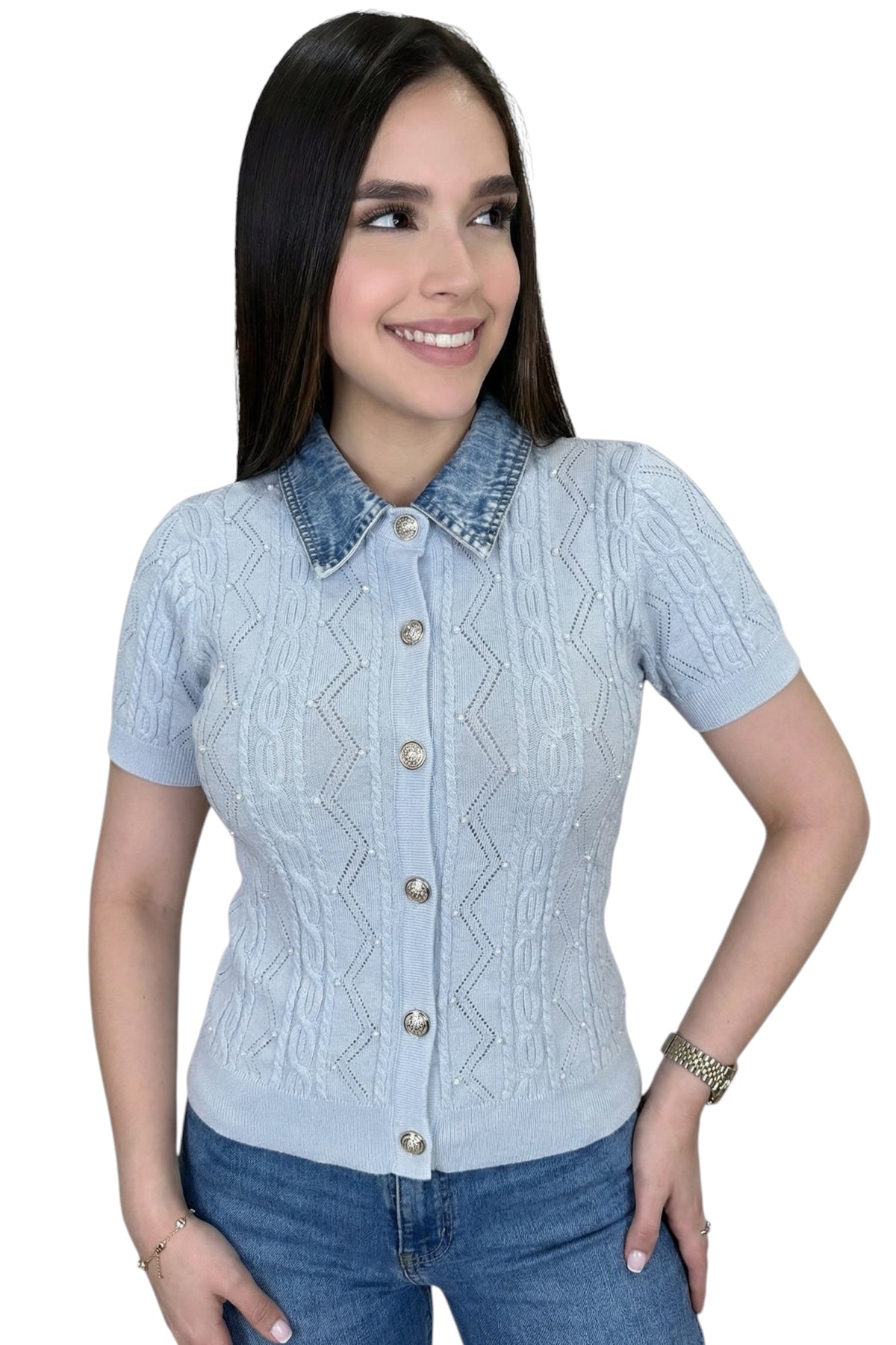 ELEGANCE DENIM KNIT TOP - BLUE