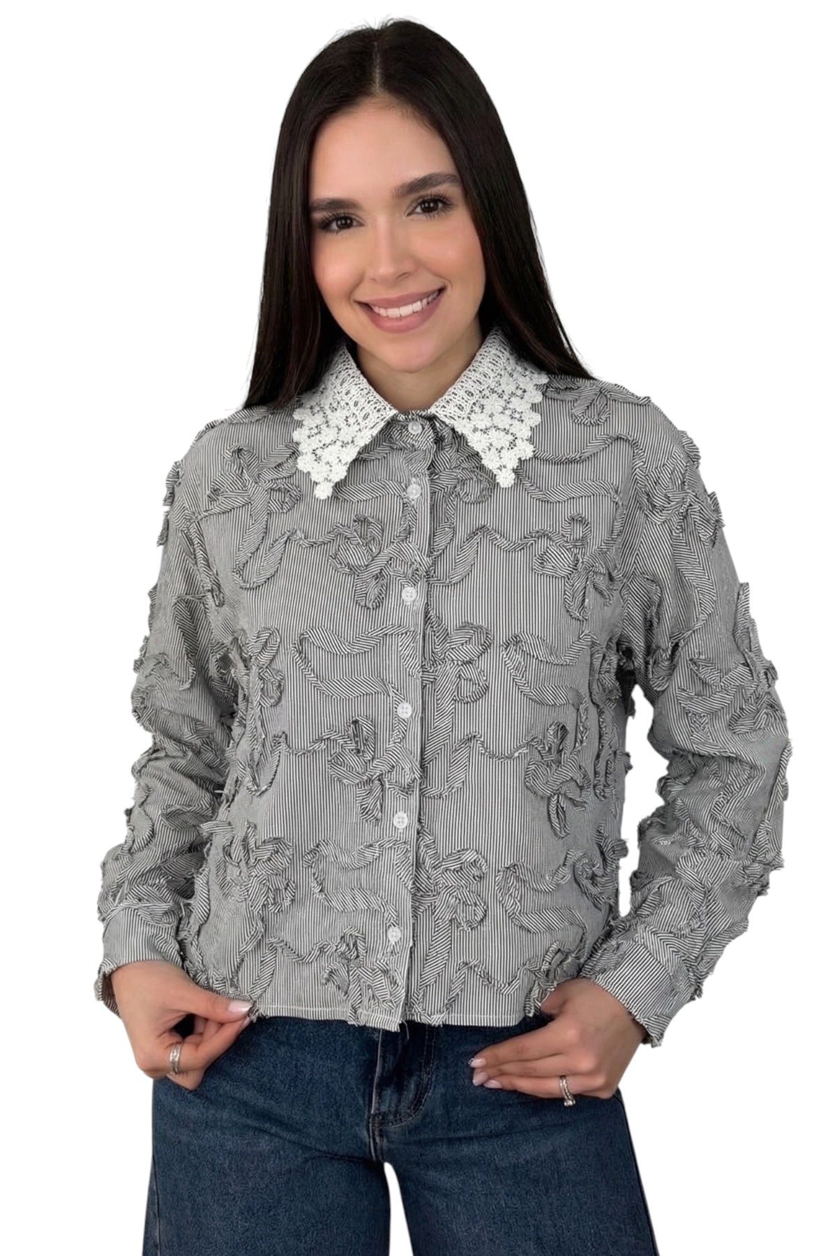 STRIPES BLOOM BLOUSE - GREY