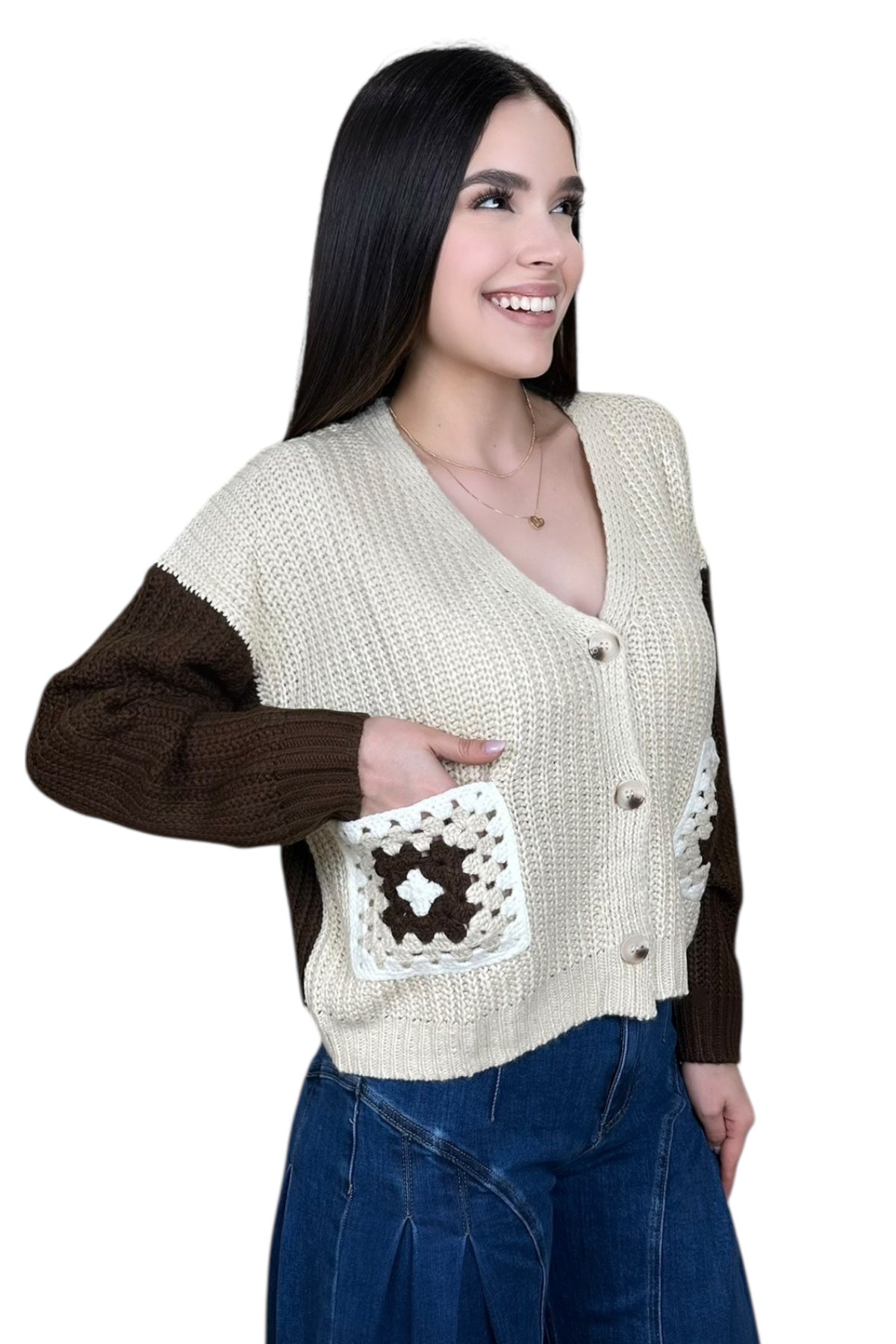 CROCHET MOCHA/BEIGE SWEATER