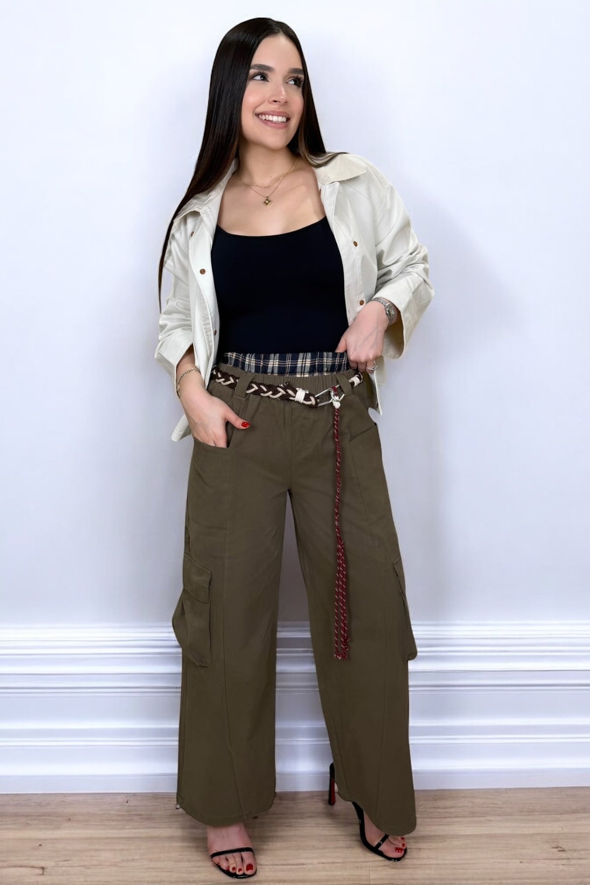 DOUBLE WAIST CHECK CARGO PANTS - OLIVE