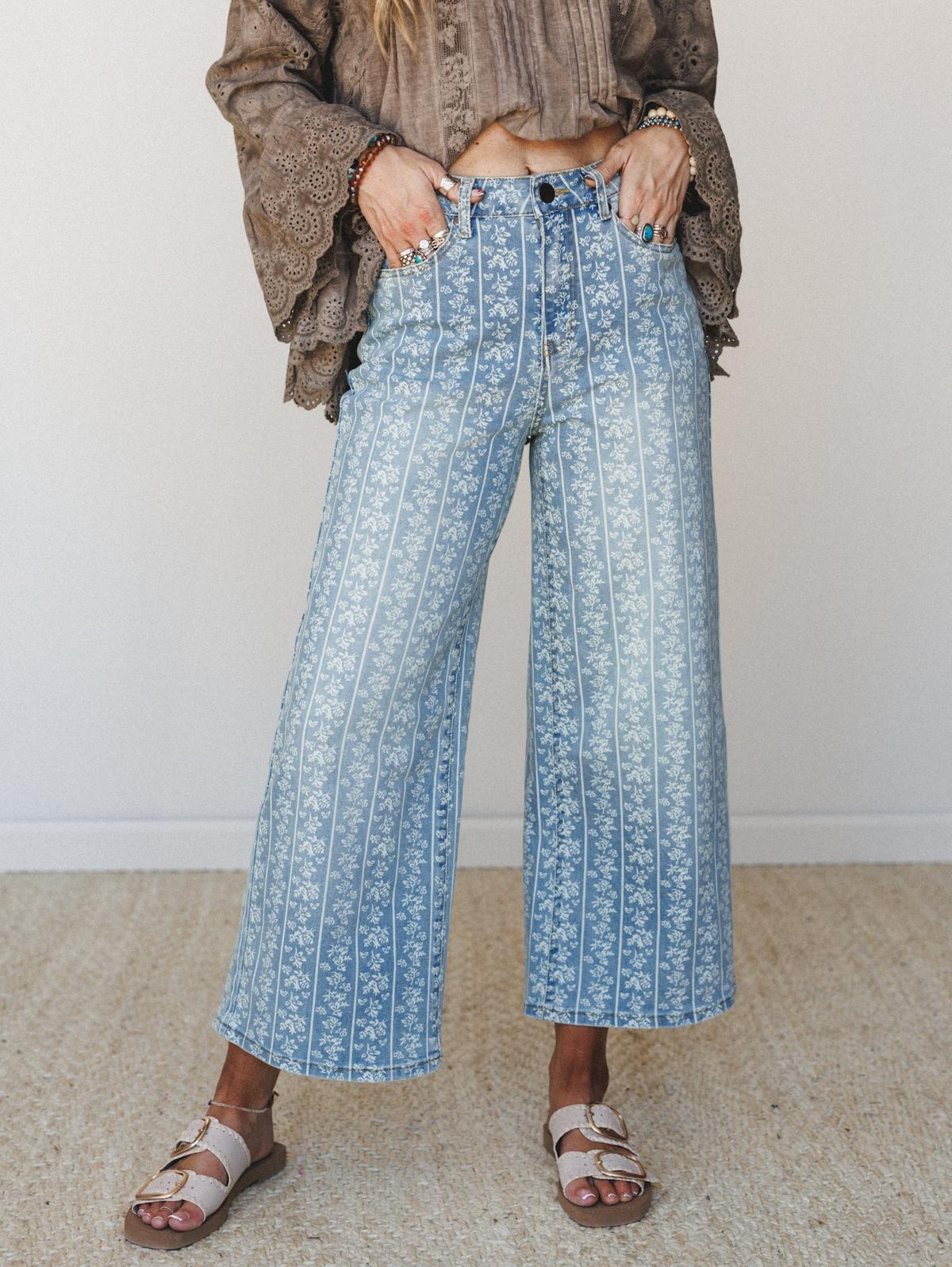 FLORAL STRIPE PRINT JEANS