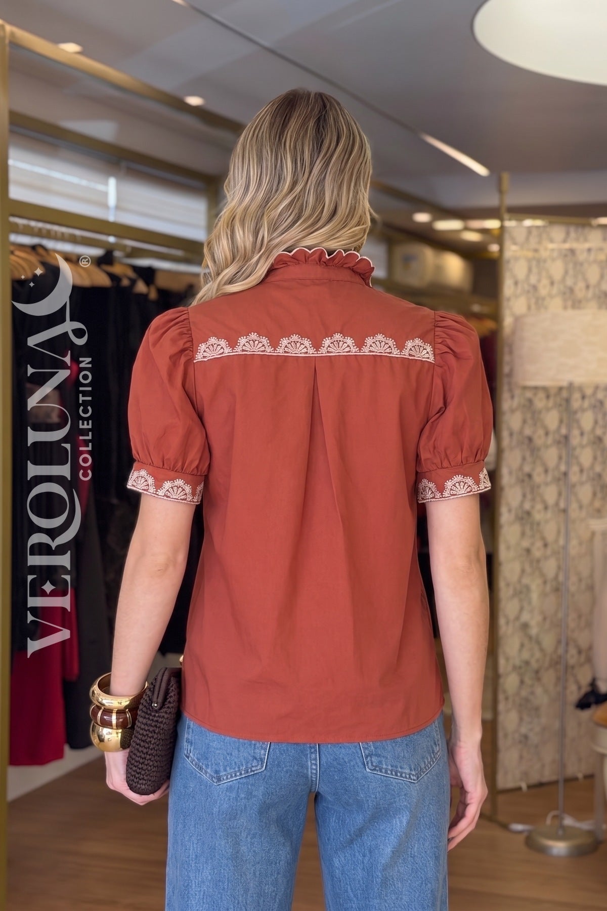 BRICK EMBROIDERED RUFFLE BLOUSE
