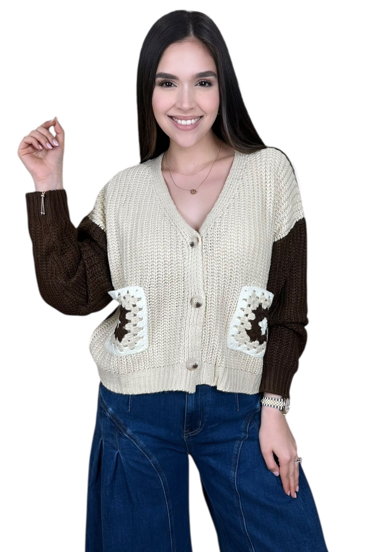 CROCHET MOCHA/BEIGE SWEATER