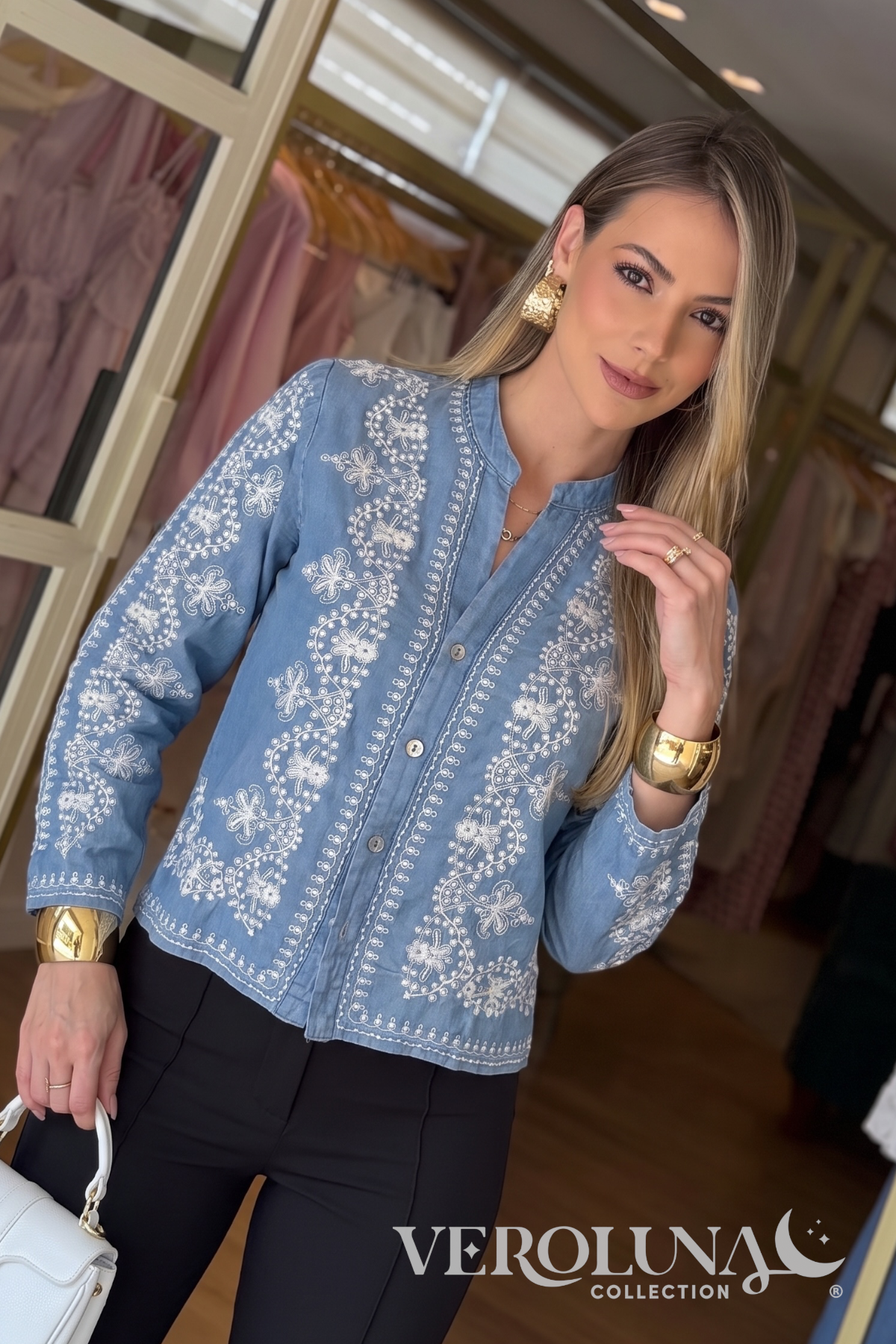 EMBROIDERED DENIM BLOUSE