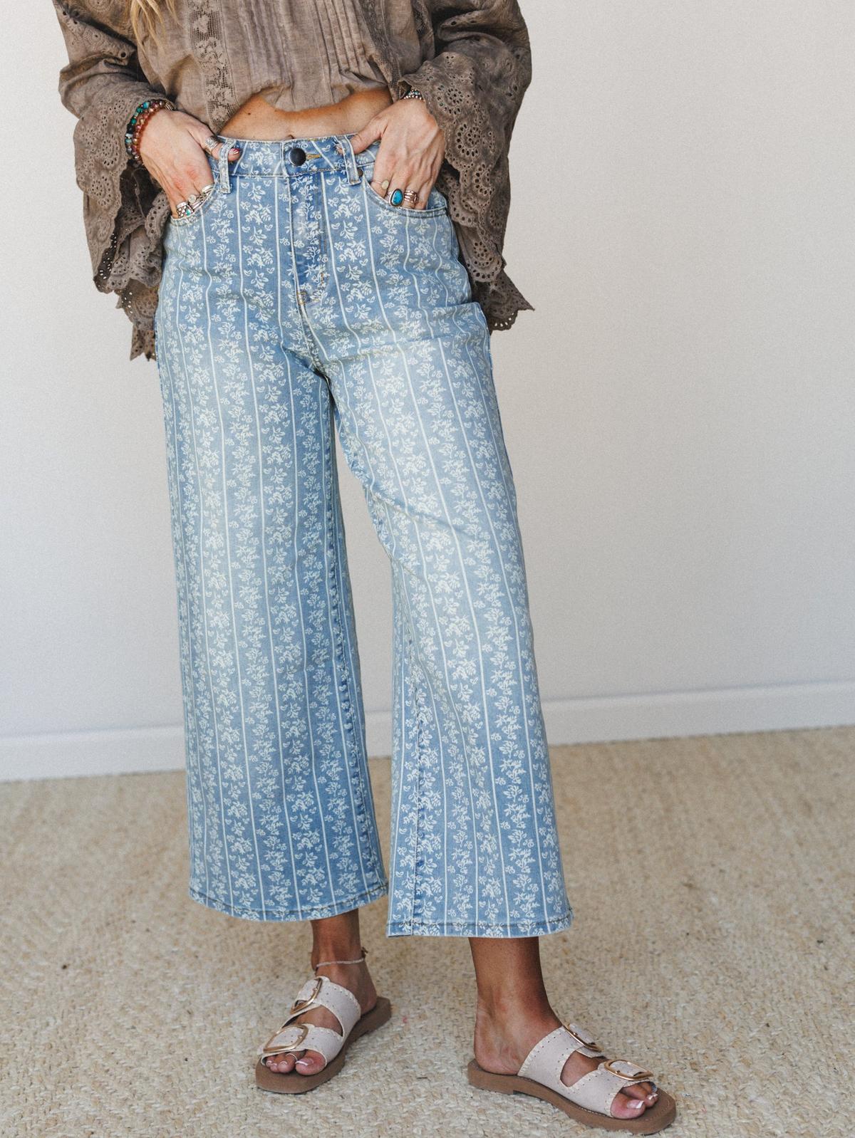 FLORAL STRIPE PRINT JEANS