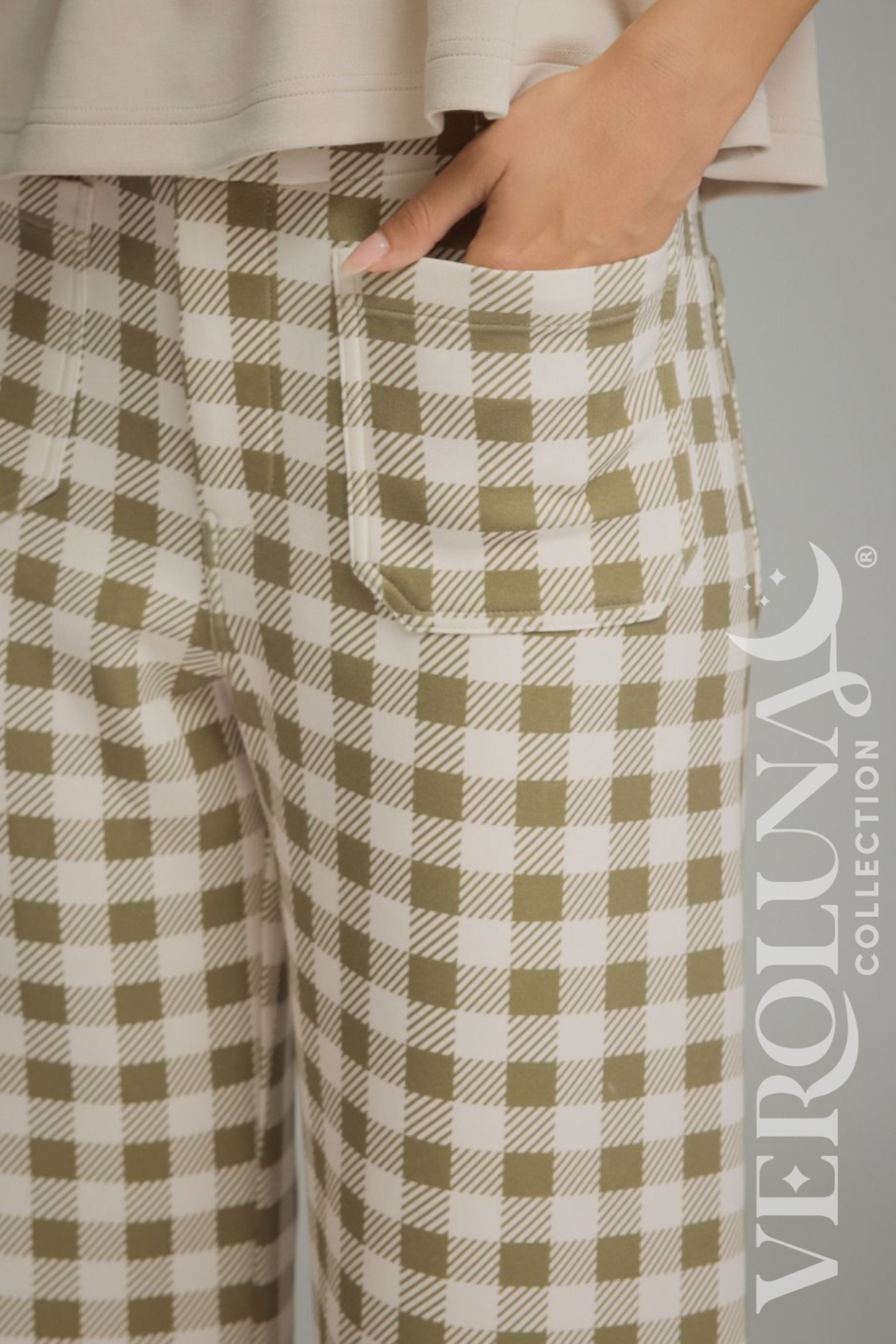 Olive gingham wide leg pants detail