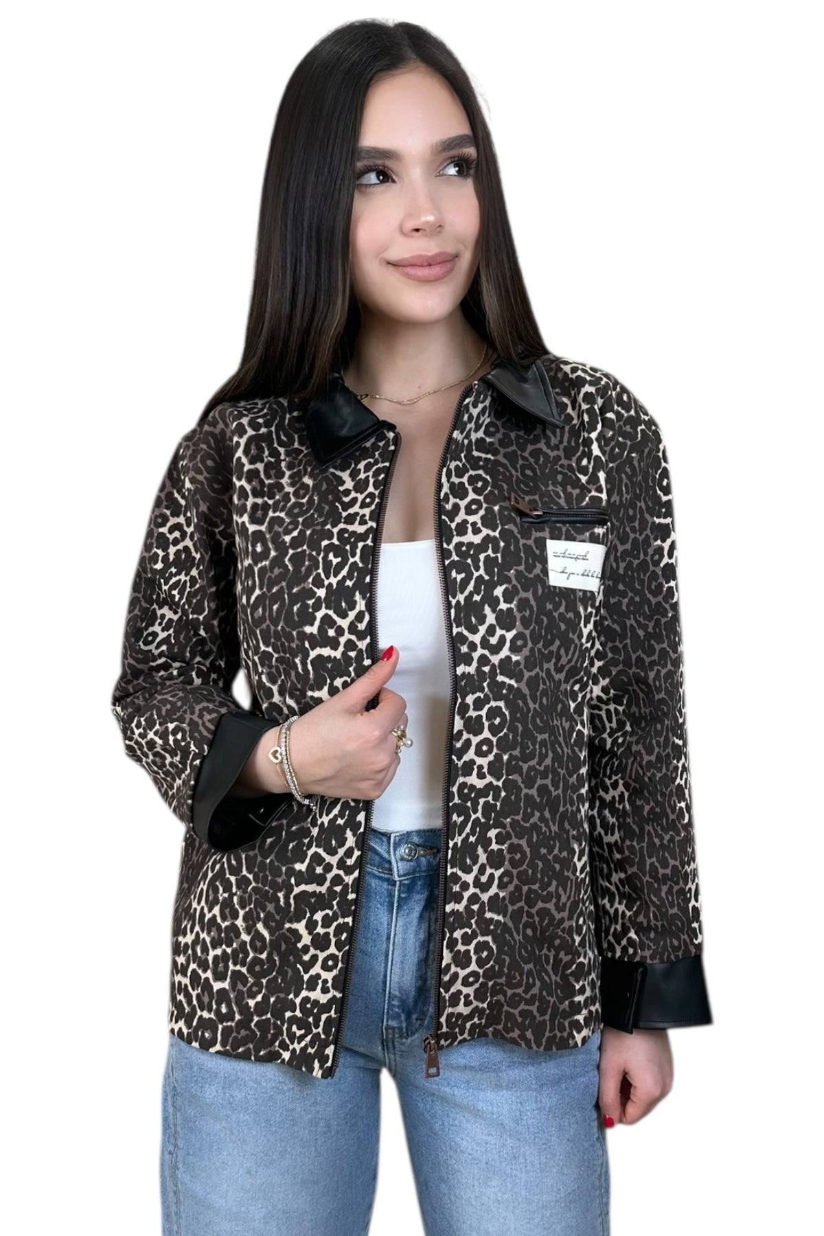 LEOPARD DENIM/LEATHER JACKET