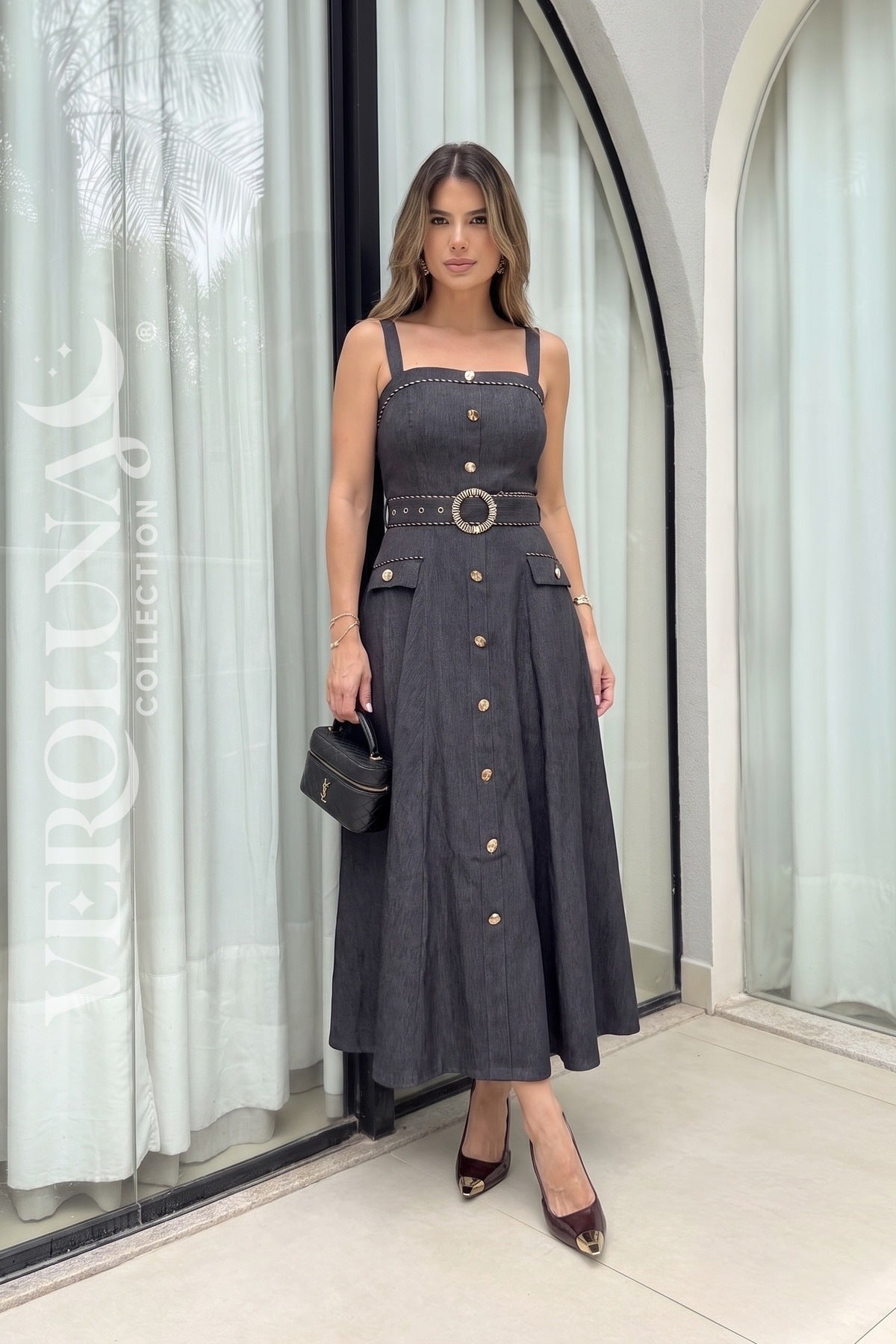 DENIM GOLDEN BUTTON MAXI DRESS