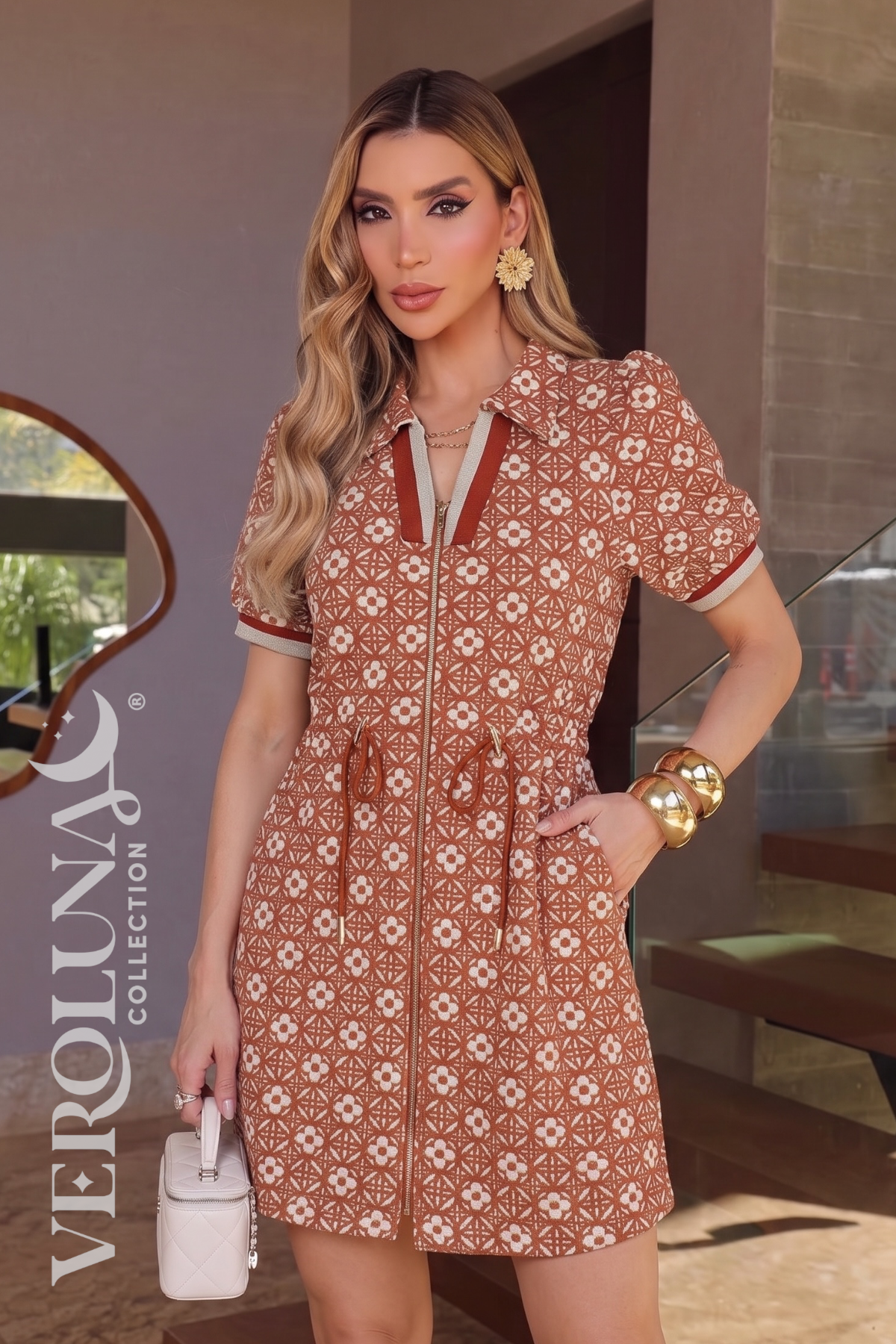 Terracotta Print Zip Dress