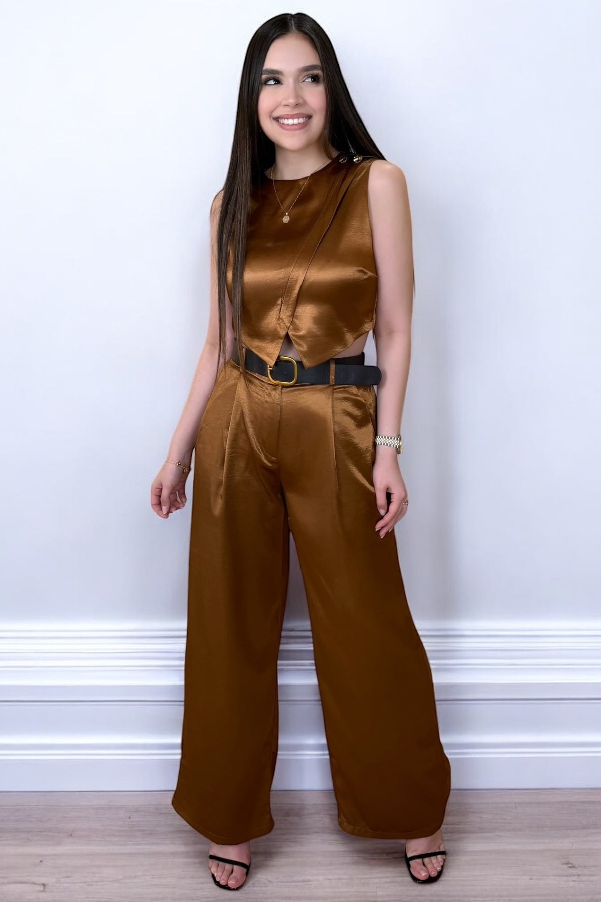 BROWN SATIN BELTED SET