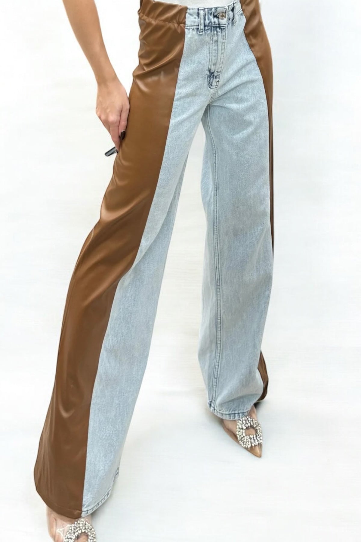 BROWN LEATHER DENIM PANTS