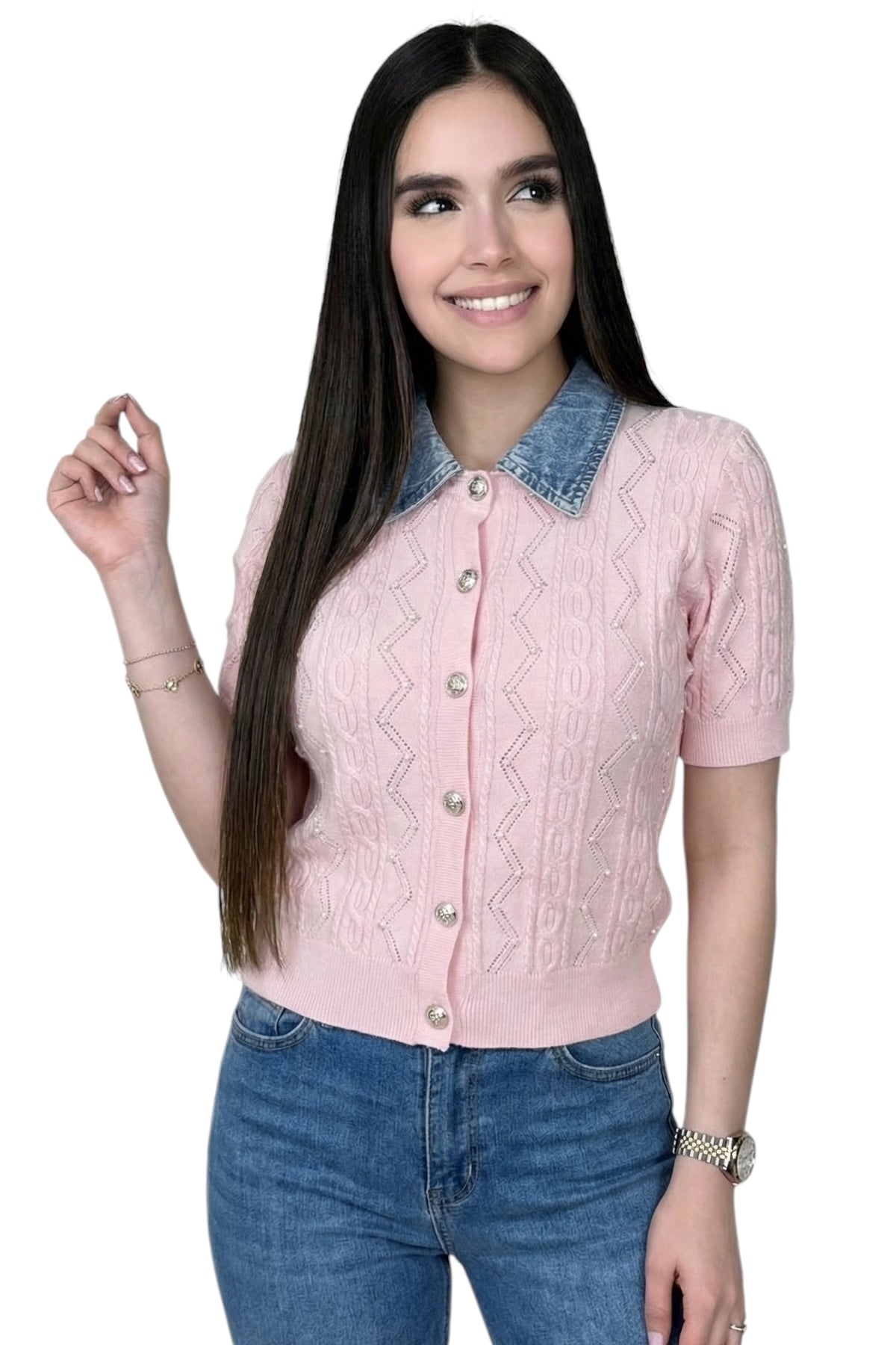ELEGANCE DENIM KNIT TOP - ROSE