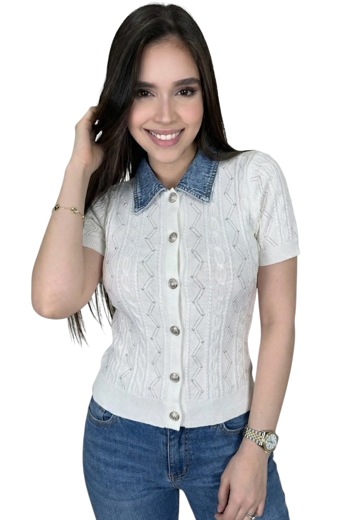 ELEGANCE DENIM KNIT TOP - WHITE