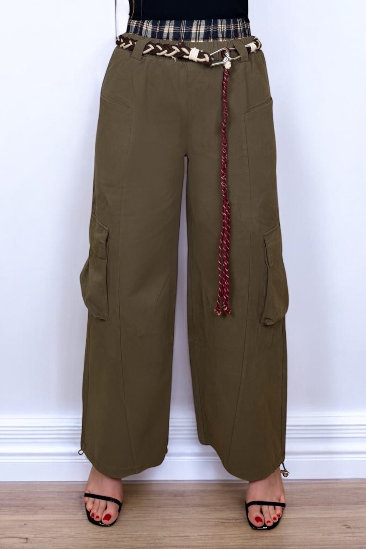 DOUBLE WAIST CHECK CARGO PANTS - OLIVE