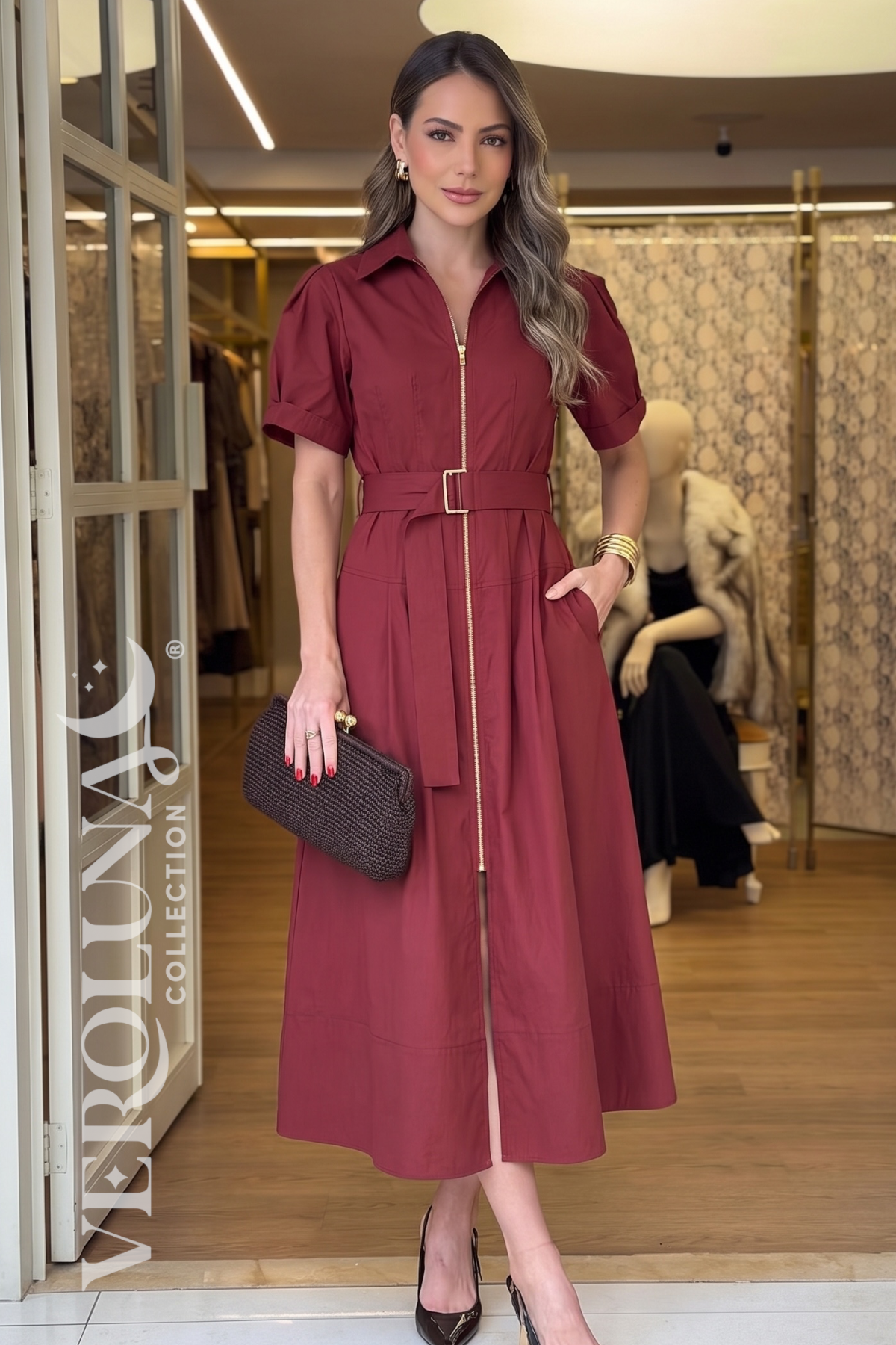 BURGUNDY BELTED ZIP MIDI DRESS