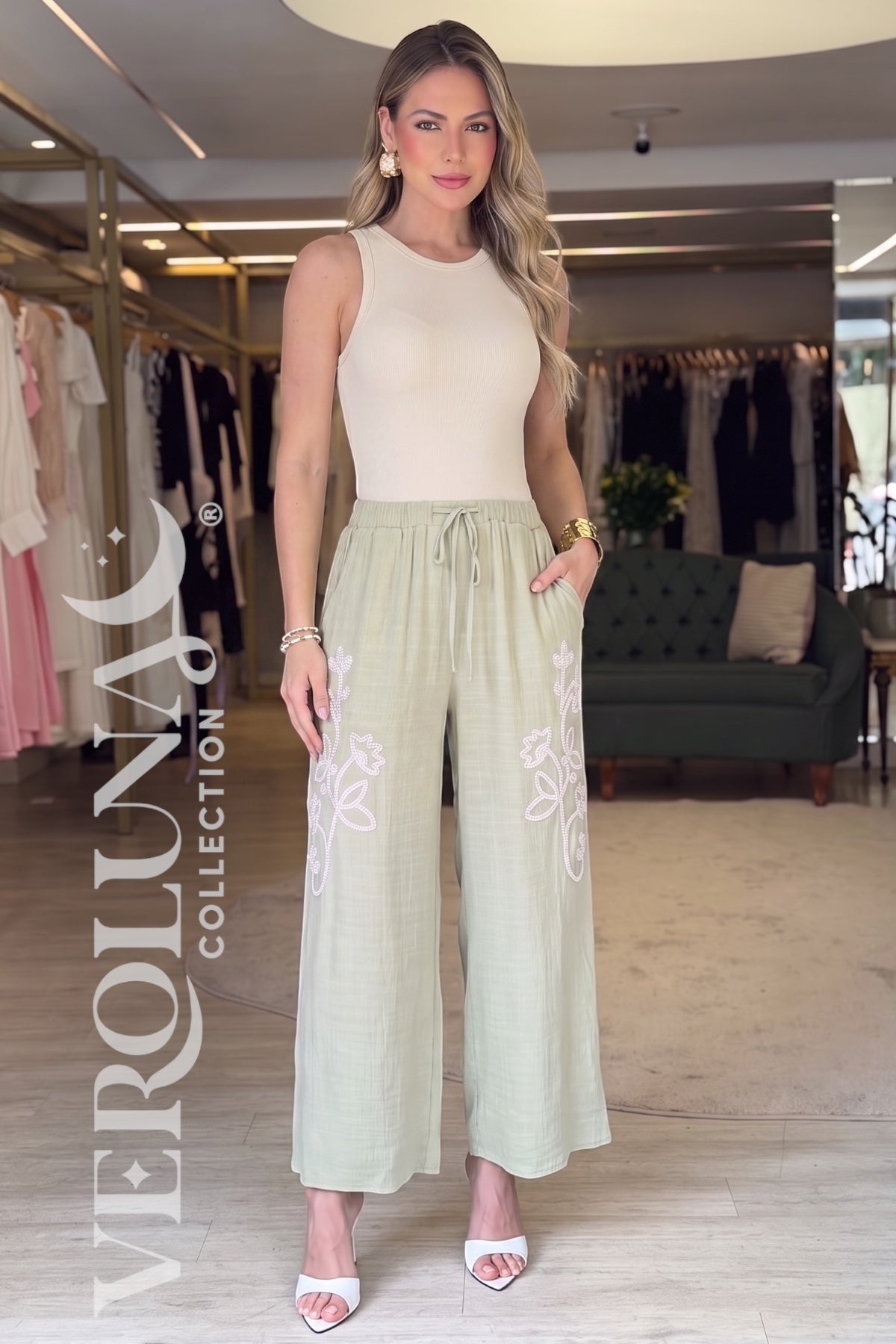 EMBROIDERED PANT - PISTACHO