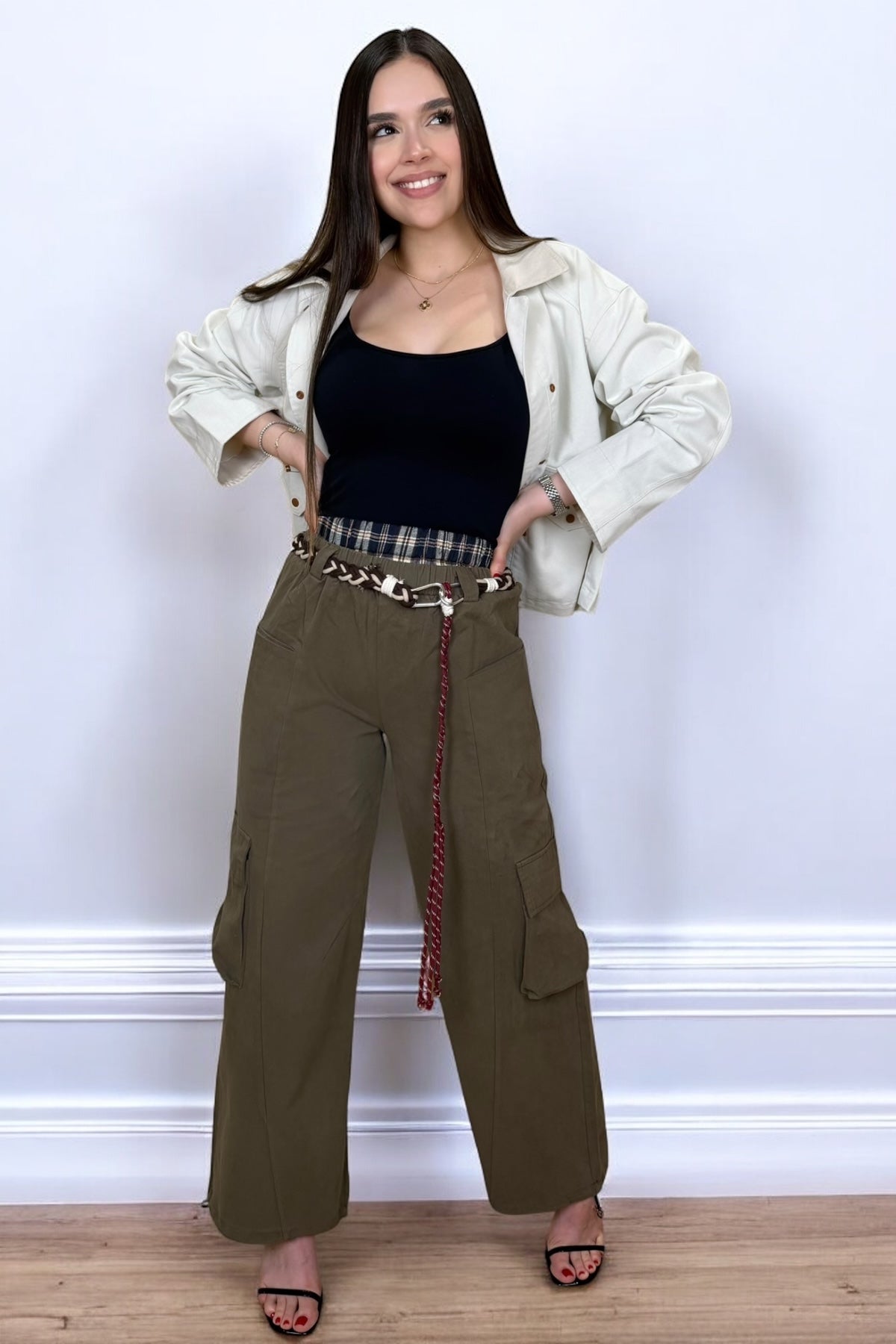 DOUBLE WAIST CHECK CARGO PANTS - OLIVE