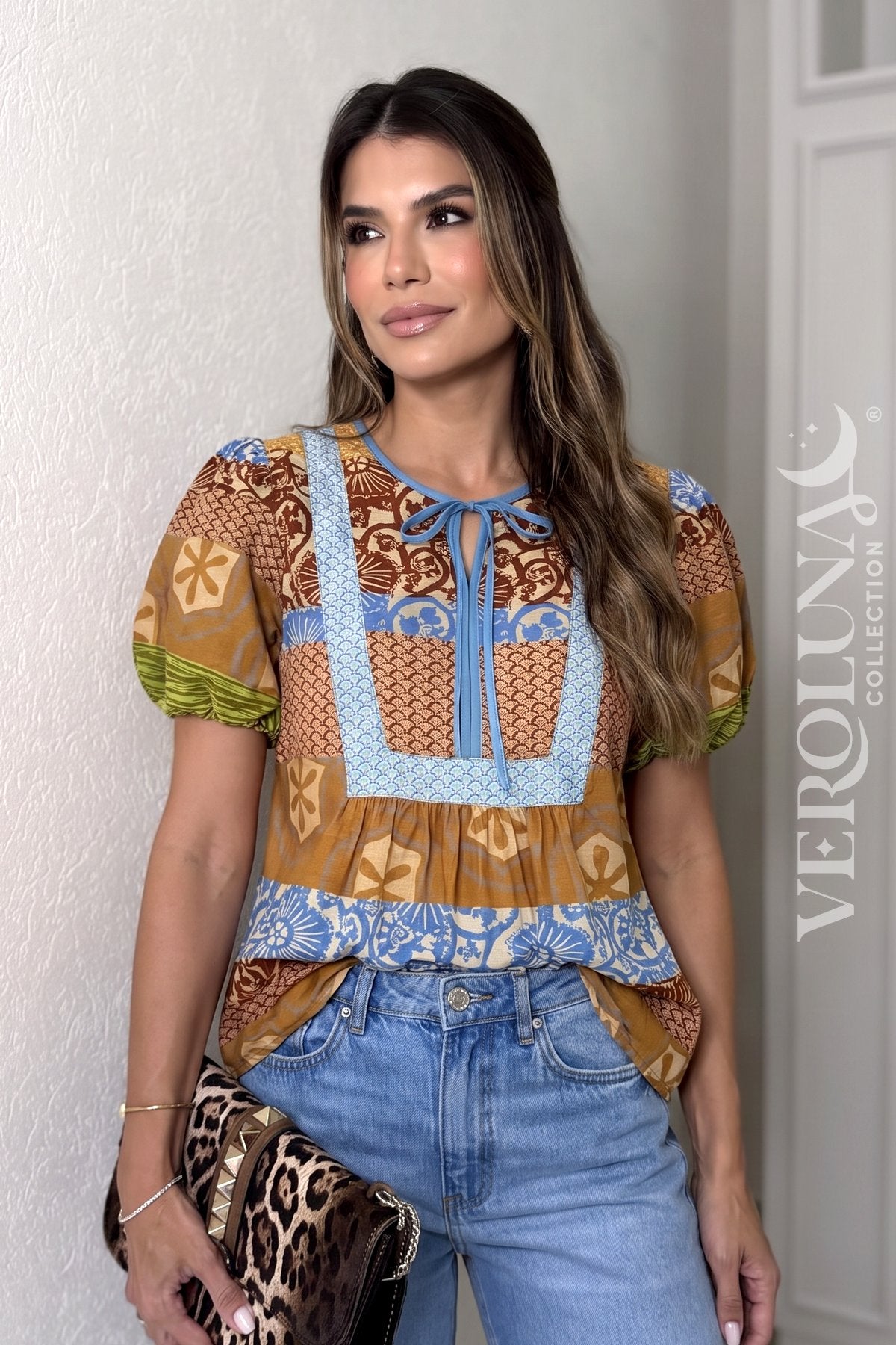 PATCHWORK PRINT TIE NECK BLOUSE