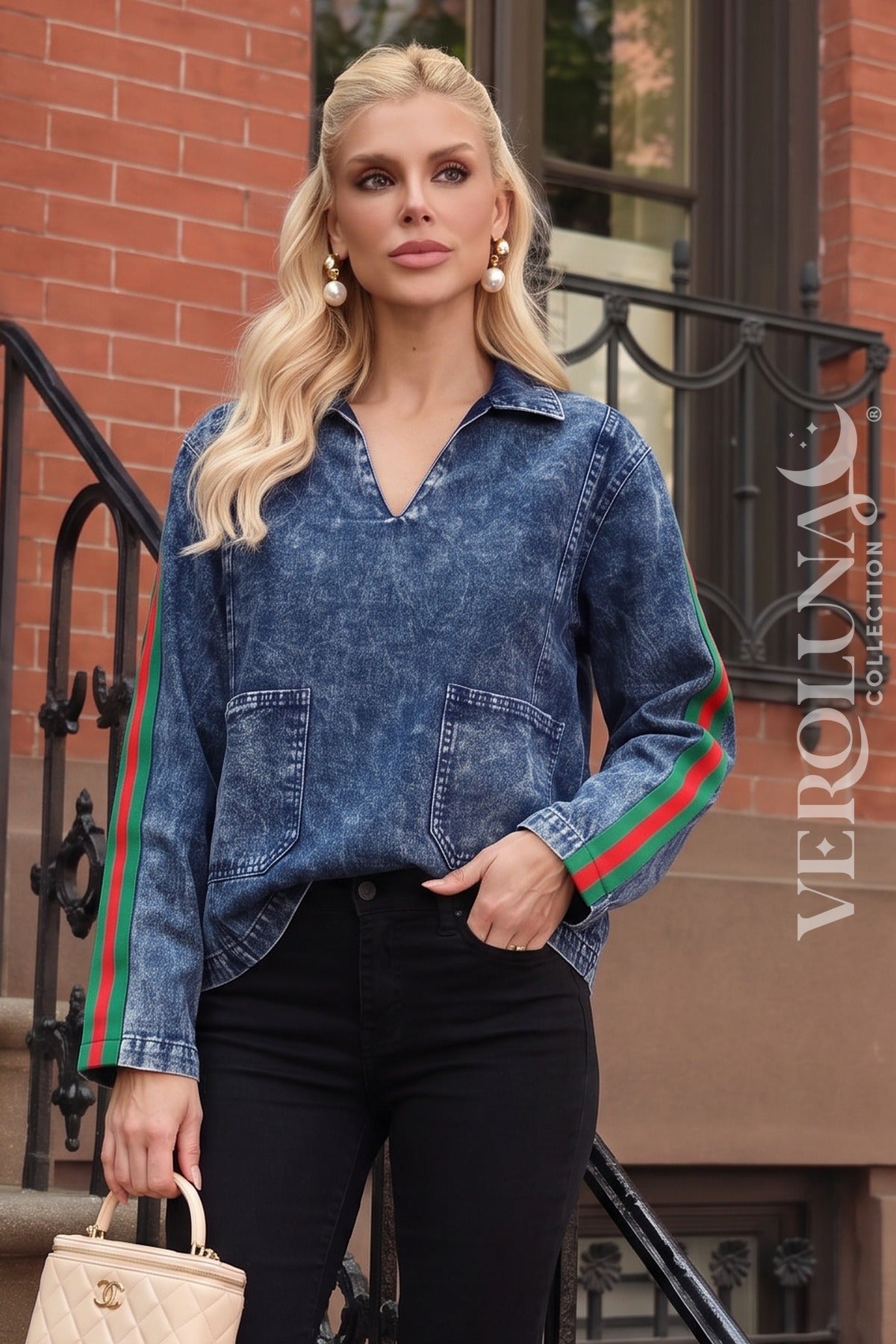 DENIM STRIPE SLEEVE TOP