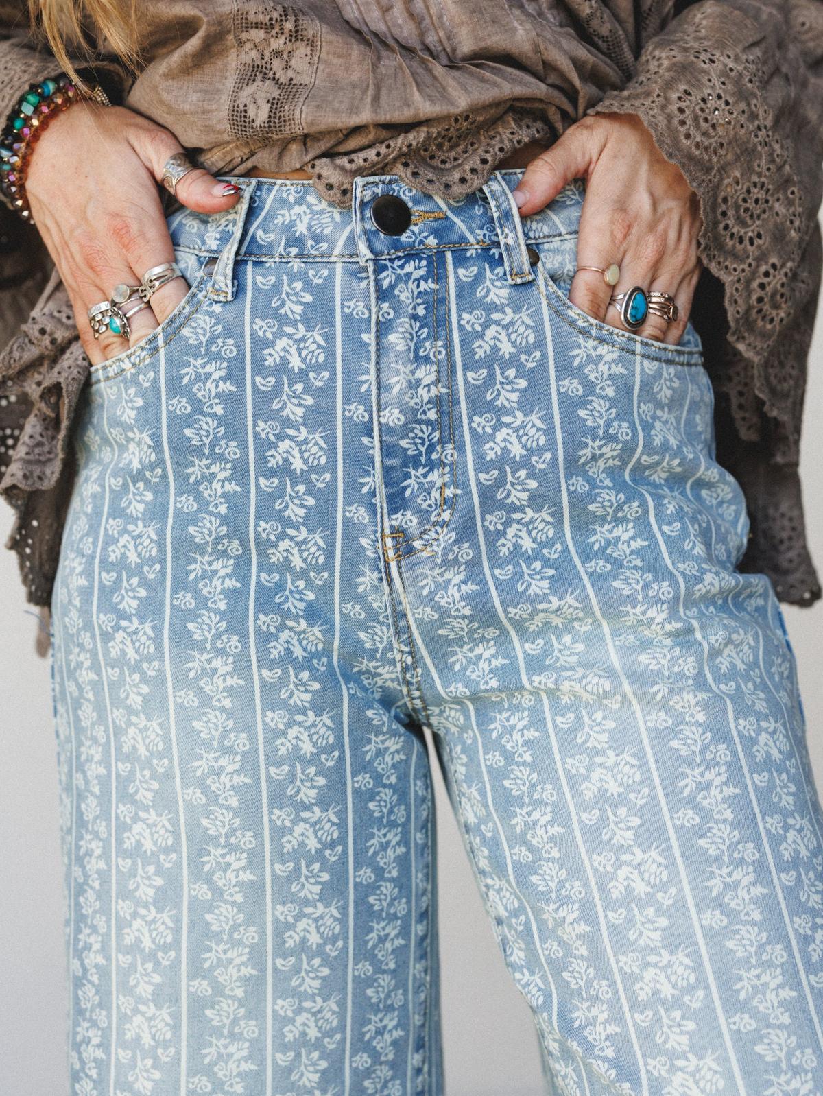 FLORAL STRIPE PRINT JEANS