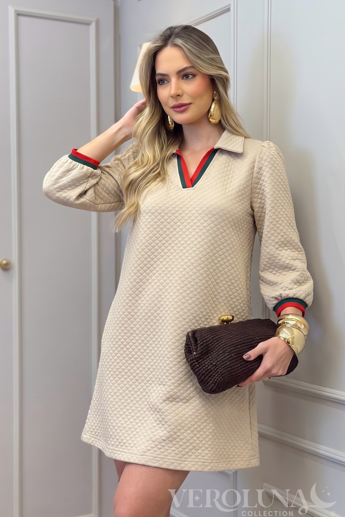 Champagne quilted stripe trim dress