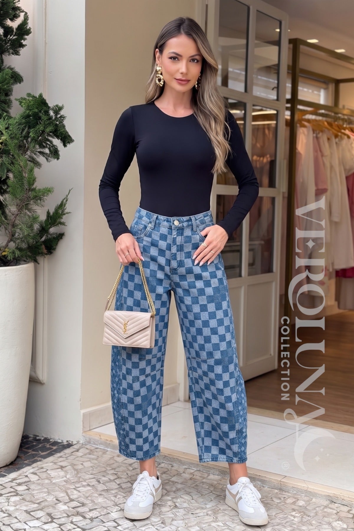 CHECKERED DENIM JEANS